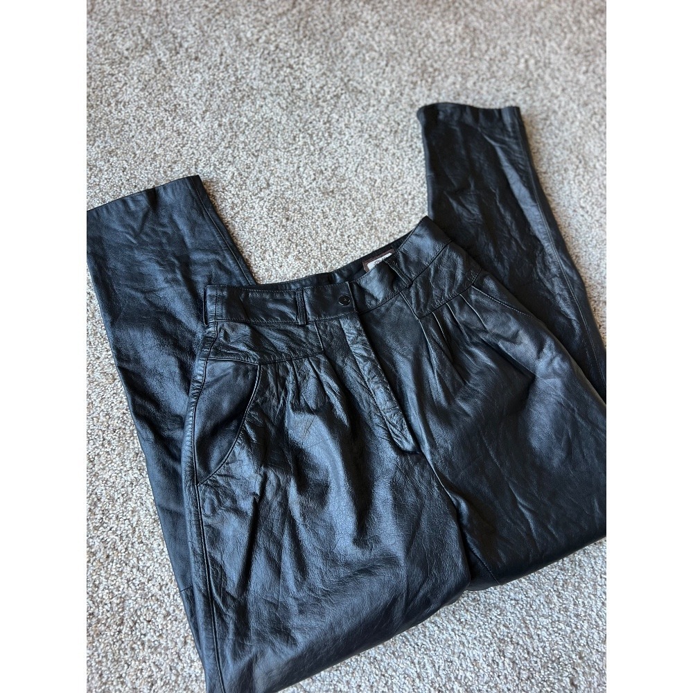 Vintage 80s Leather Pants High Waist Pleated Black Size 6‎ Toffs